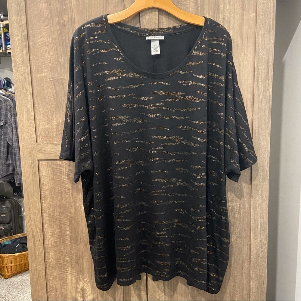 Catherines 2X Shirt Top Black Bronze Short Sleeve Scoop Neck